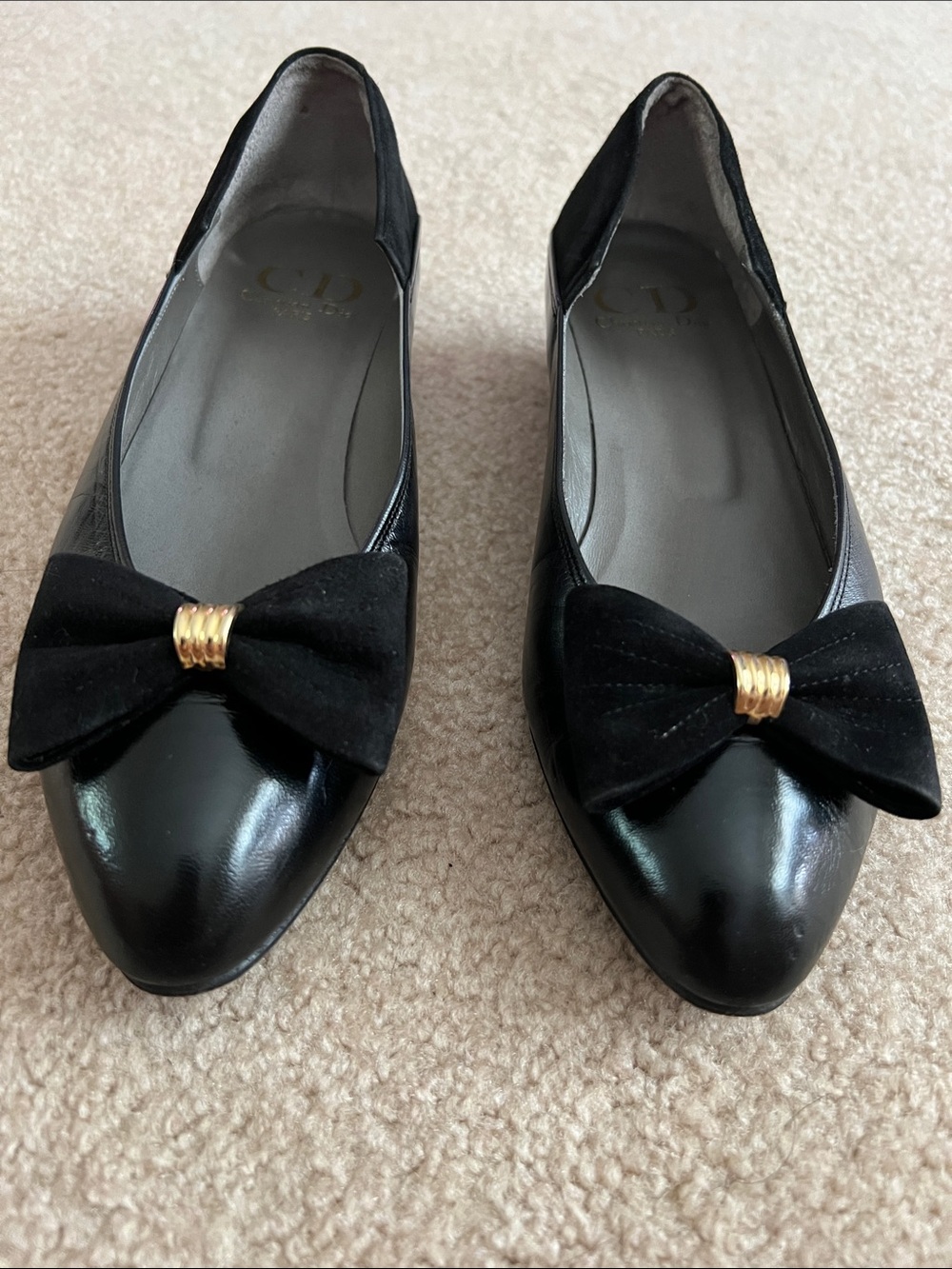 Dior Black Leather Pointed Toe Flats with Bow and Gold Accent